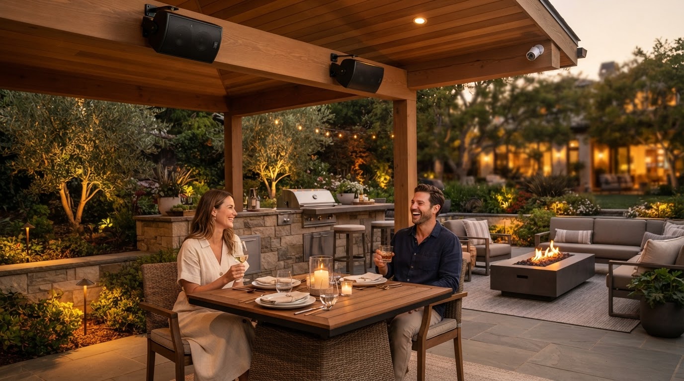 Premium outdoor living space at golden hour with clearly visible architectural outdoor speakers mounted under the patio roofline and a subtle exterior security camera
