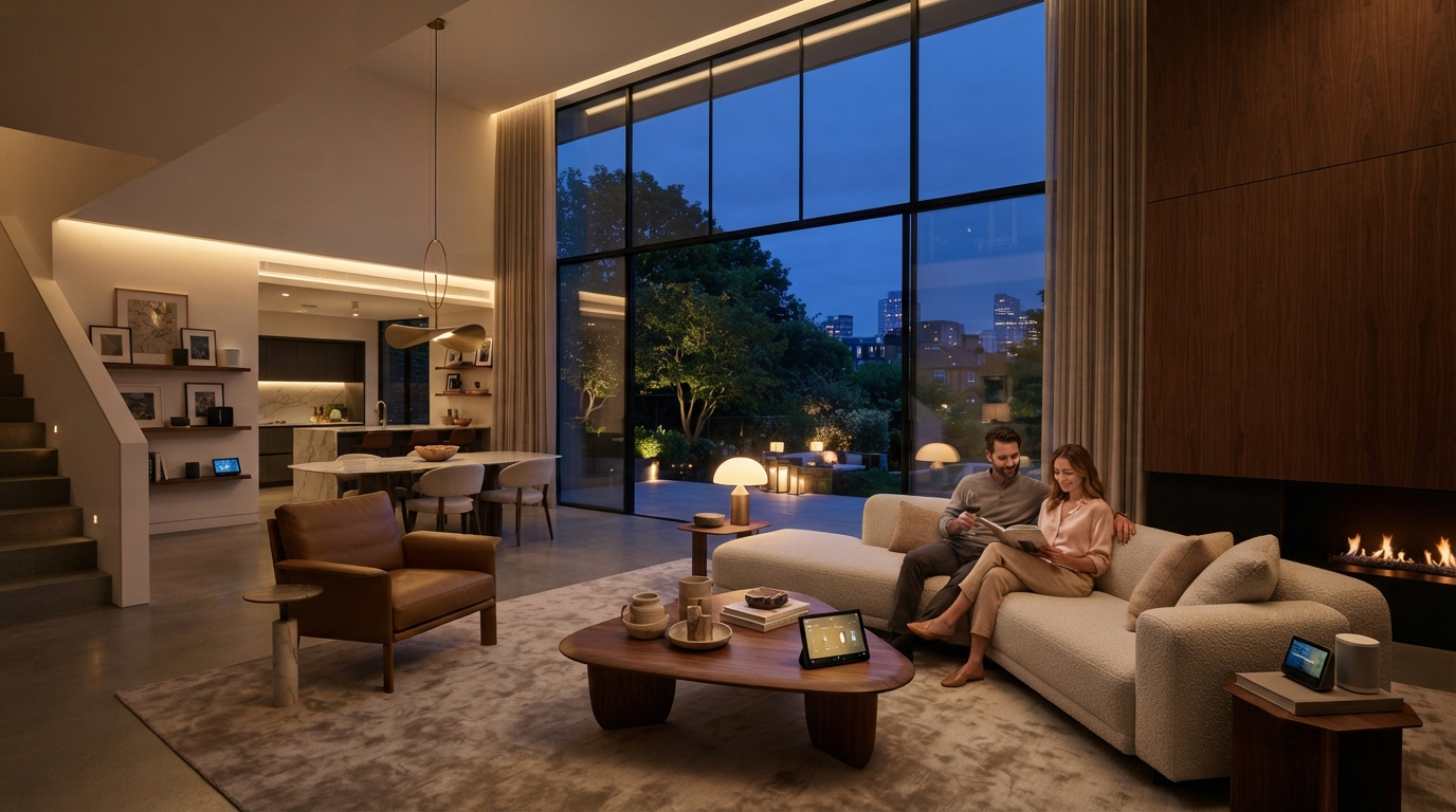 Dramatic modern DFW home at golden hour with integrated technology