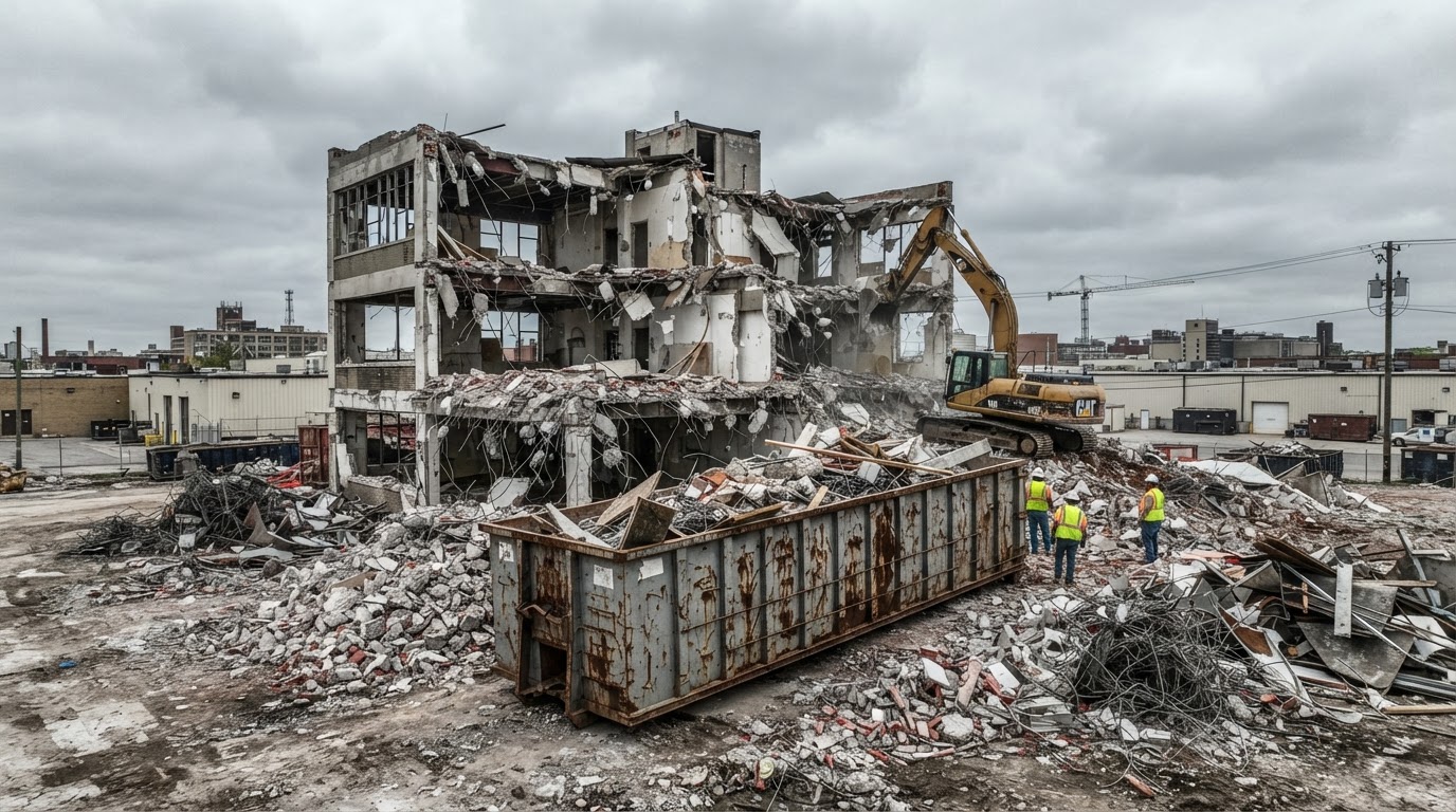 Teardown site with a heavy-duty roll-off container beside a partially demolished structure
