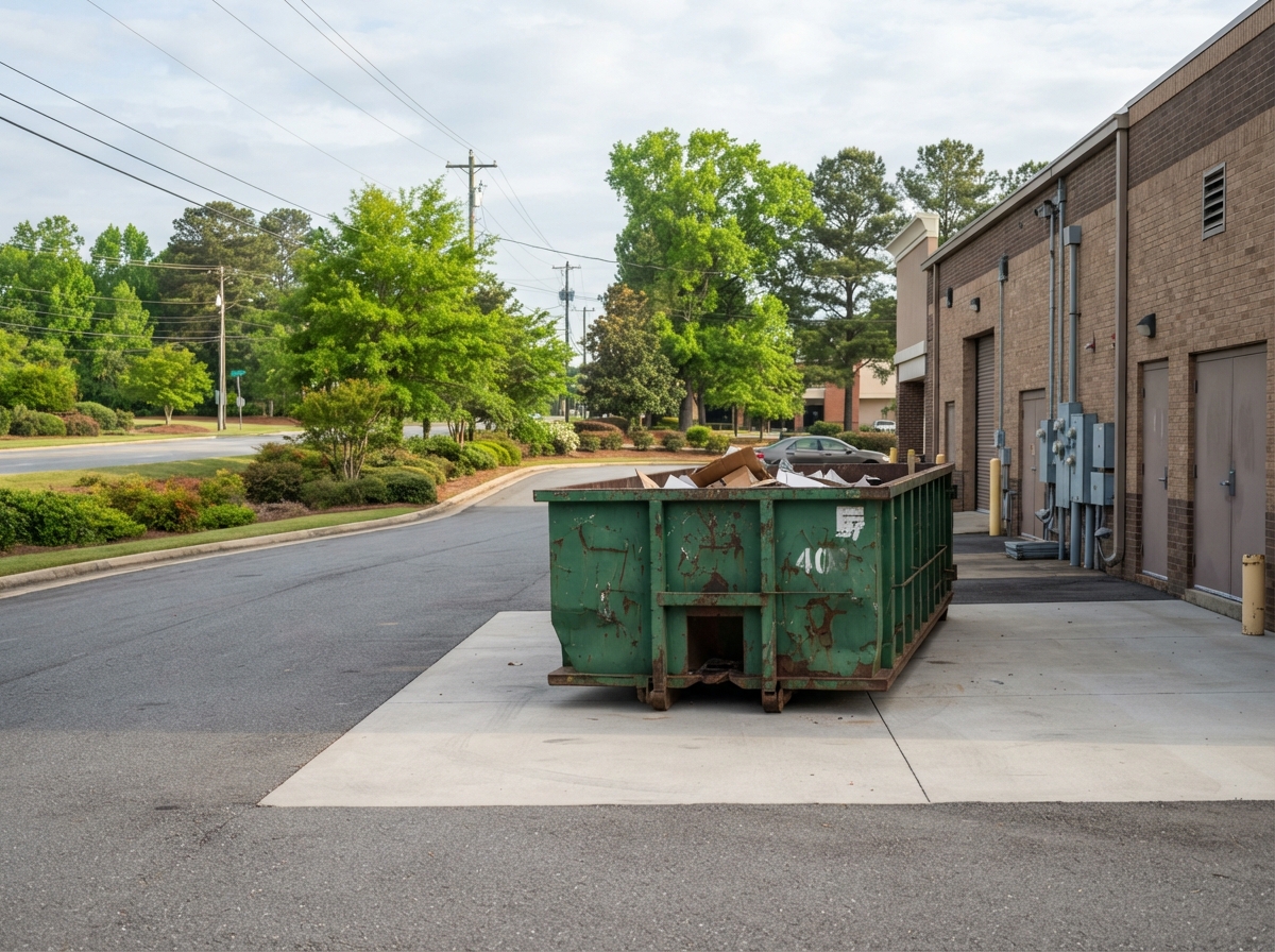 Service drive behind a strip center at opening time with the container pad swept clean in West Macon