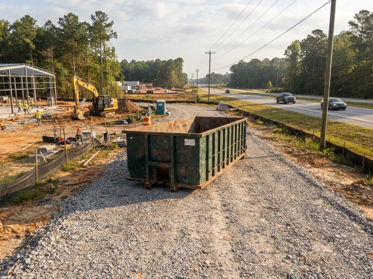 Roll-off container on a wide gravel drive at a South Bibb County growth-corridor jobsite