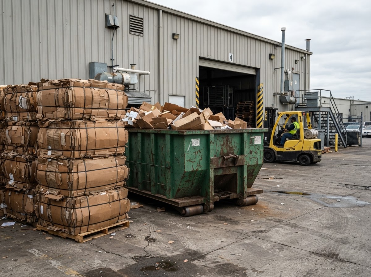Bales and loose corrugated cardboard beside a roll-off container at a warehouse in West Macon
