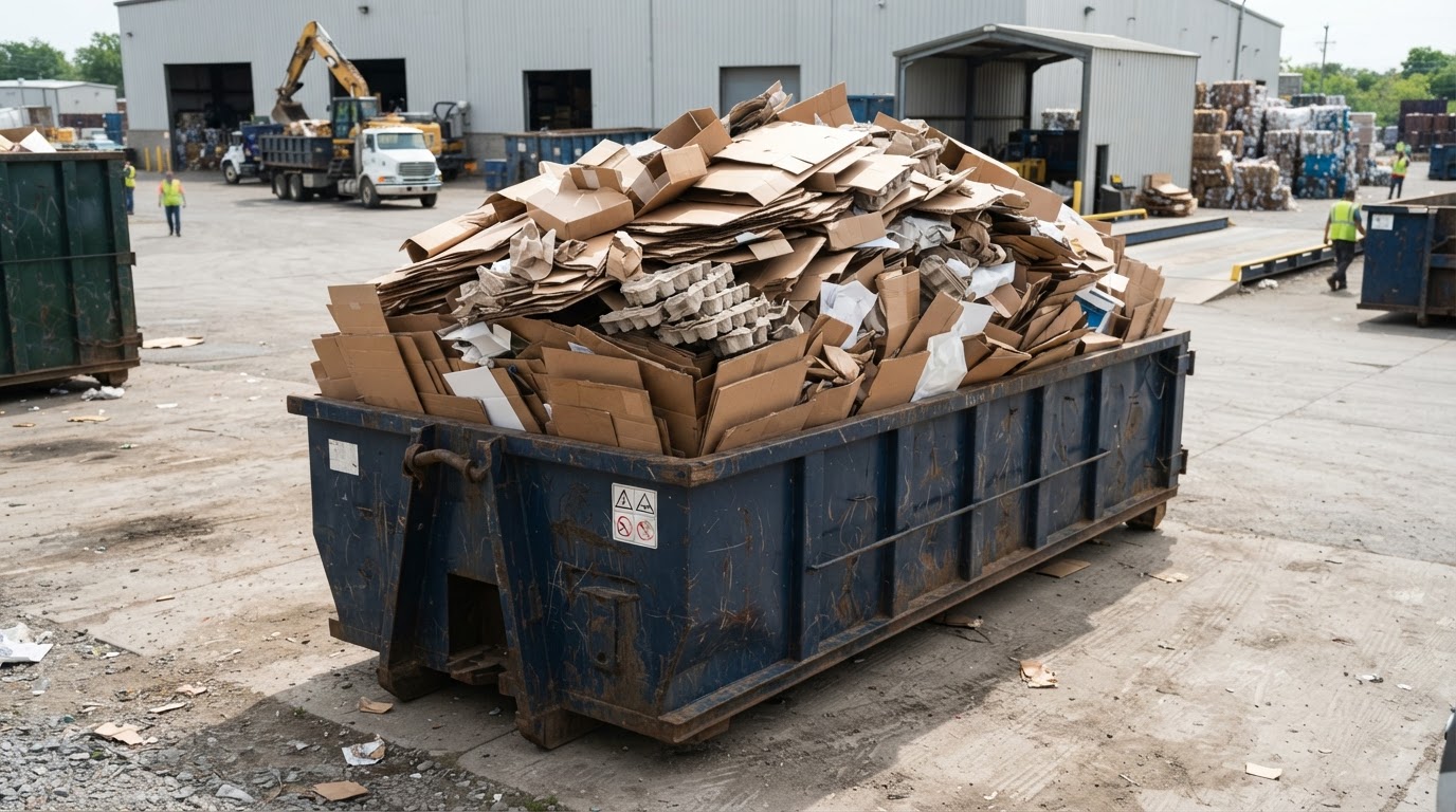A bulky but light load of cardboard and packaging standing proud above the rails of a roll-off container