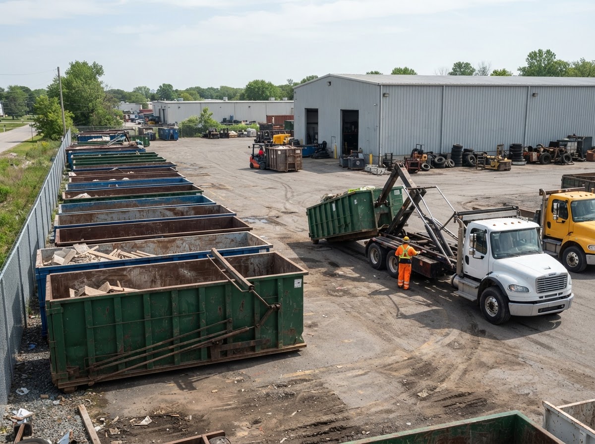 Roll-off dumpster containers lined up at a service yard, delivery and pickup operations