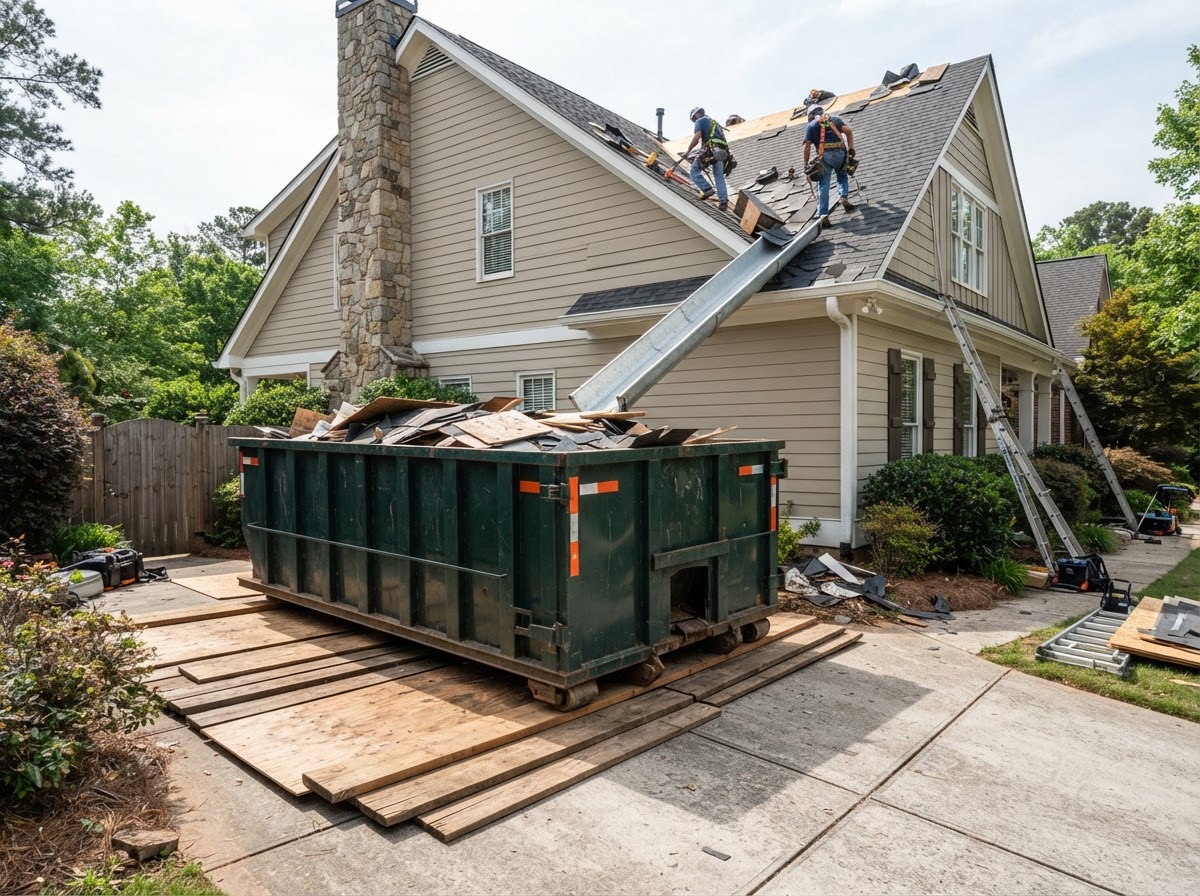 Roll-off dumpster container placed on protective wooden boards on a driveway at the chute side of a building for roofing work