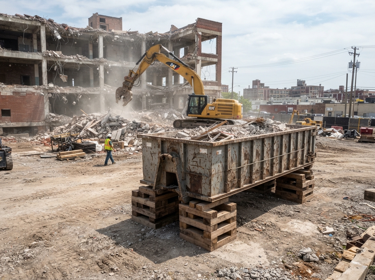 A demolition pad with a container set on cribbing away from the drop zone
