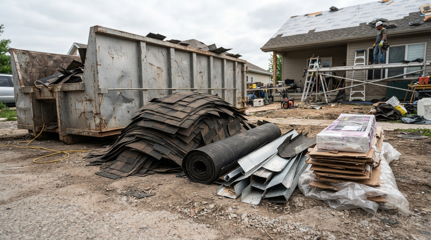 Roofing tear-off debris including shingles, felt, flashing, and packaging material separated near a container