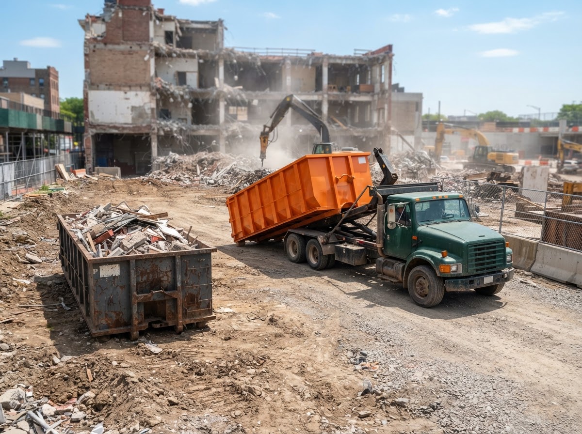 A swap truck arriving at a demolition site with a fresh empty roll-off container