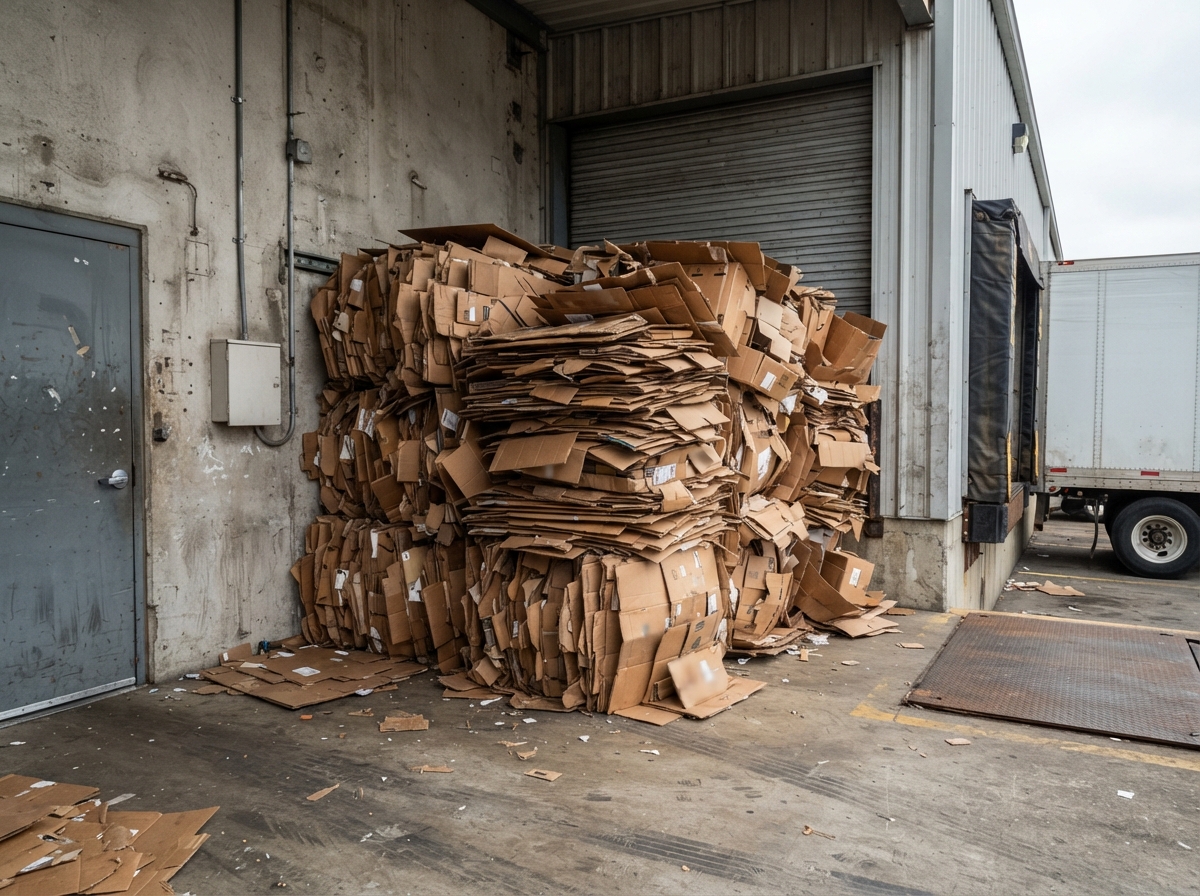 Wall of loose corrugated cardboard piled at a commercial back door