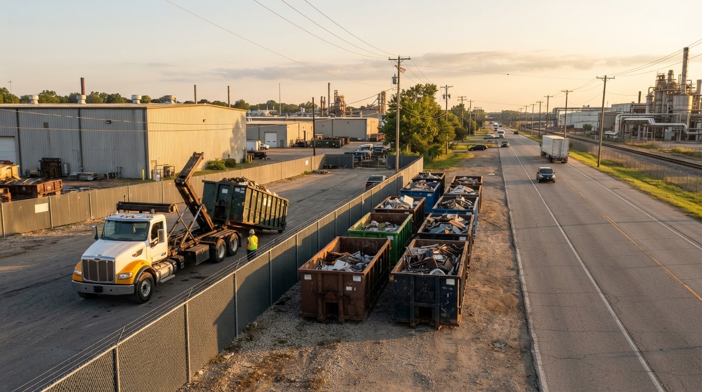 Mobile compaction truck and staged roll-off containers on a commercial road in warm morning light