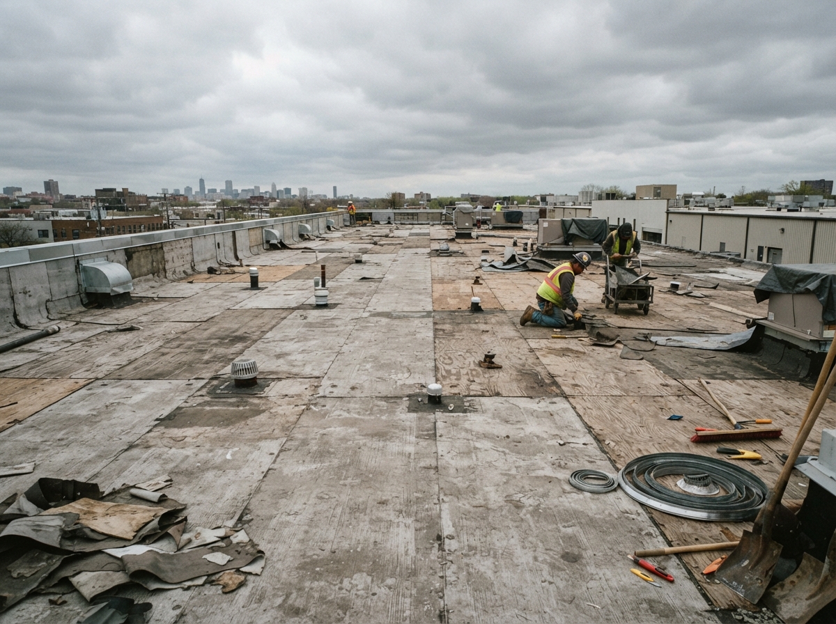 A commercial low-slope roof stripped back to deck with old membrane and ballast removed