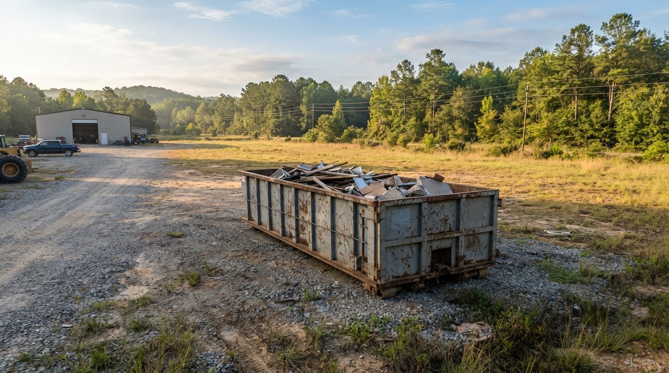 A roll-off container on a large rural-commercial property with open space around it in west Bibb County