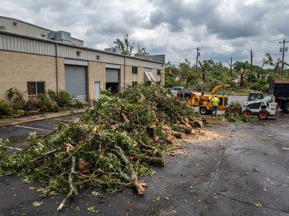 Storm and tree debris staged for cleanup at a commercial property