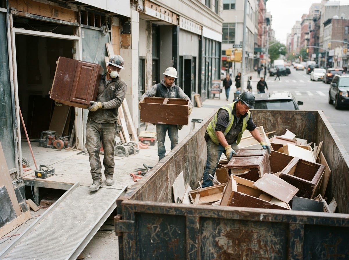 Remodel crew carrying out cabinetry and loading renovation debris into a container
