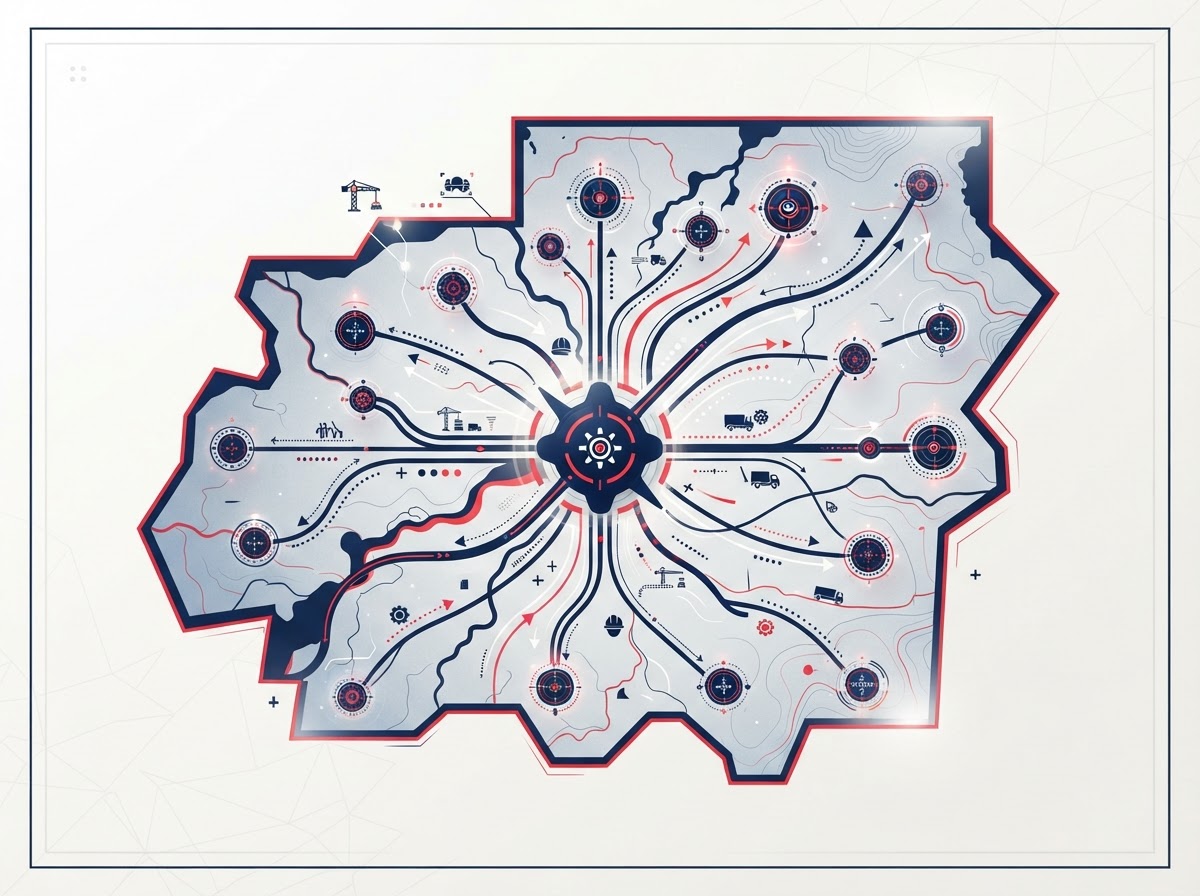 On-brand graphic showing one account serving multiple jobsites across a region