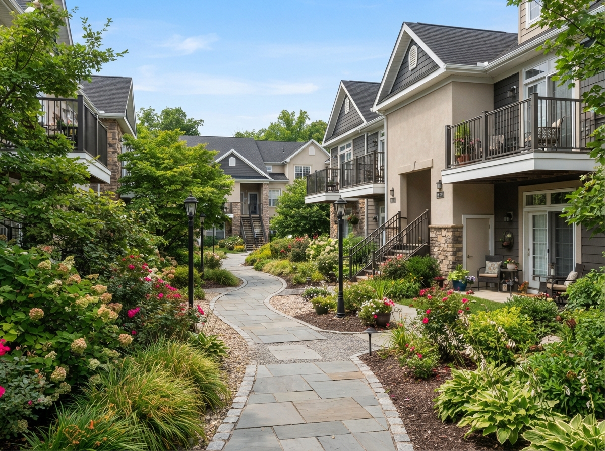 A garden-style apartment community walkway with landscaped path