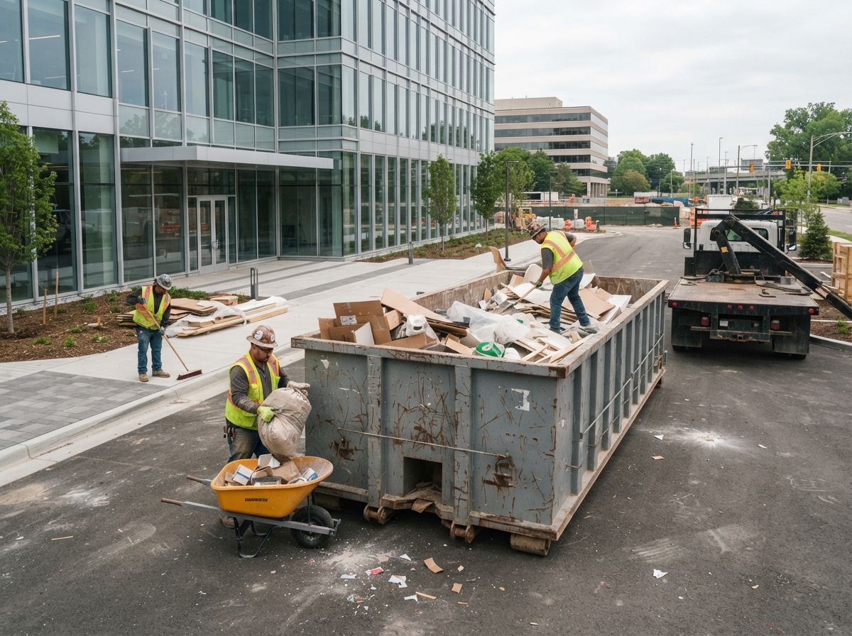 A jobsite at close-out phase with final cleanup debris being loaded into a roll-off container