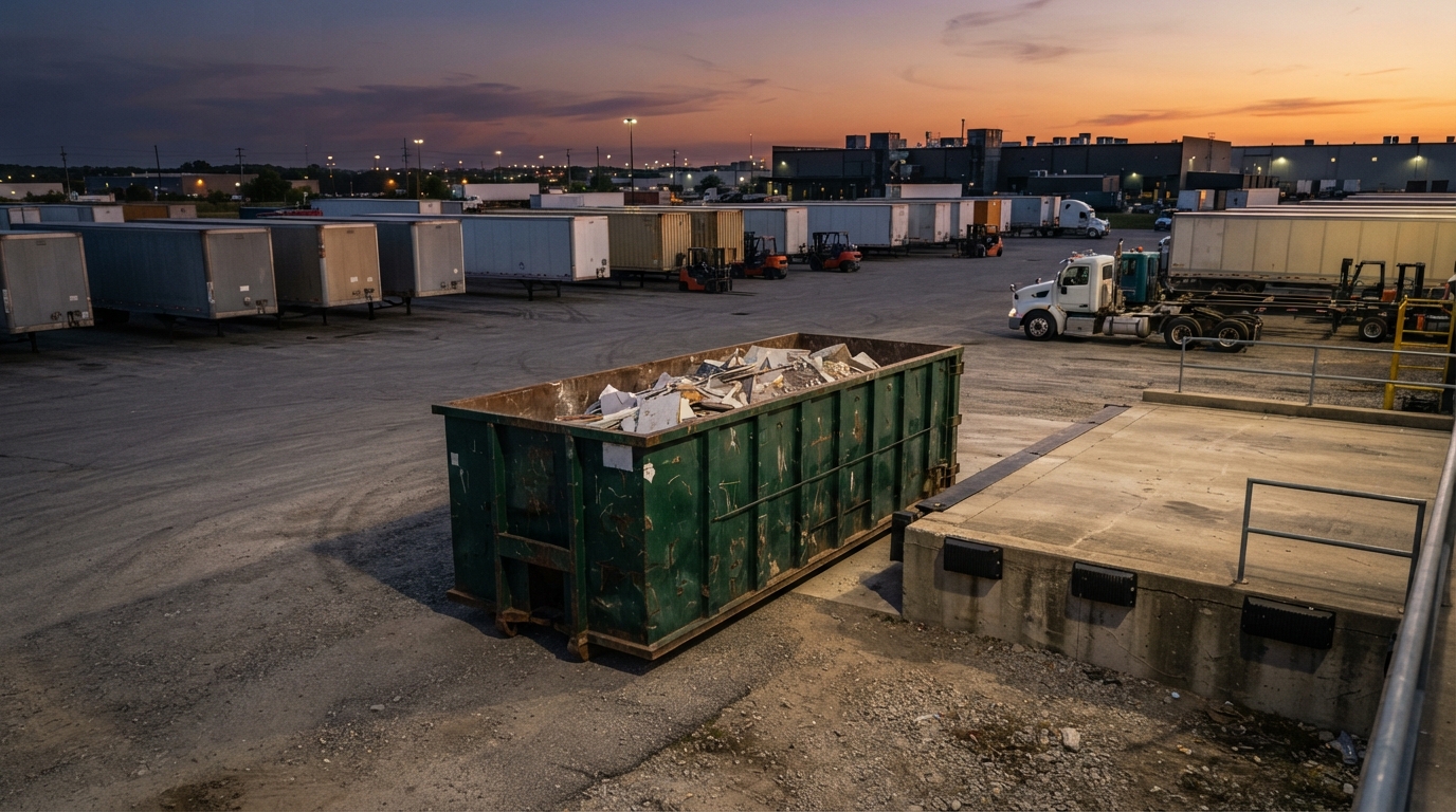A wide distribution yard at dusk with a roll-off container staged beside a concrete dock apron