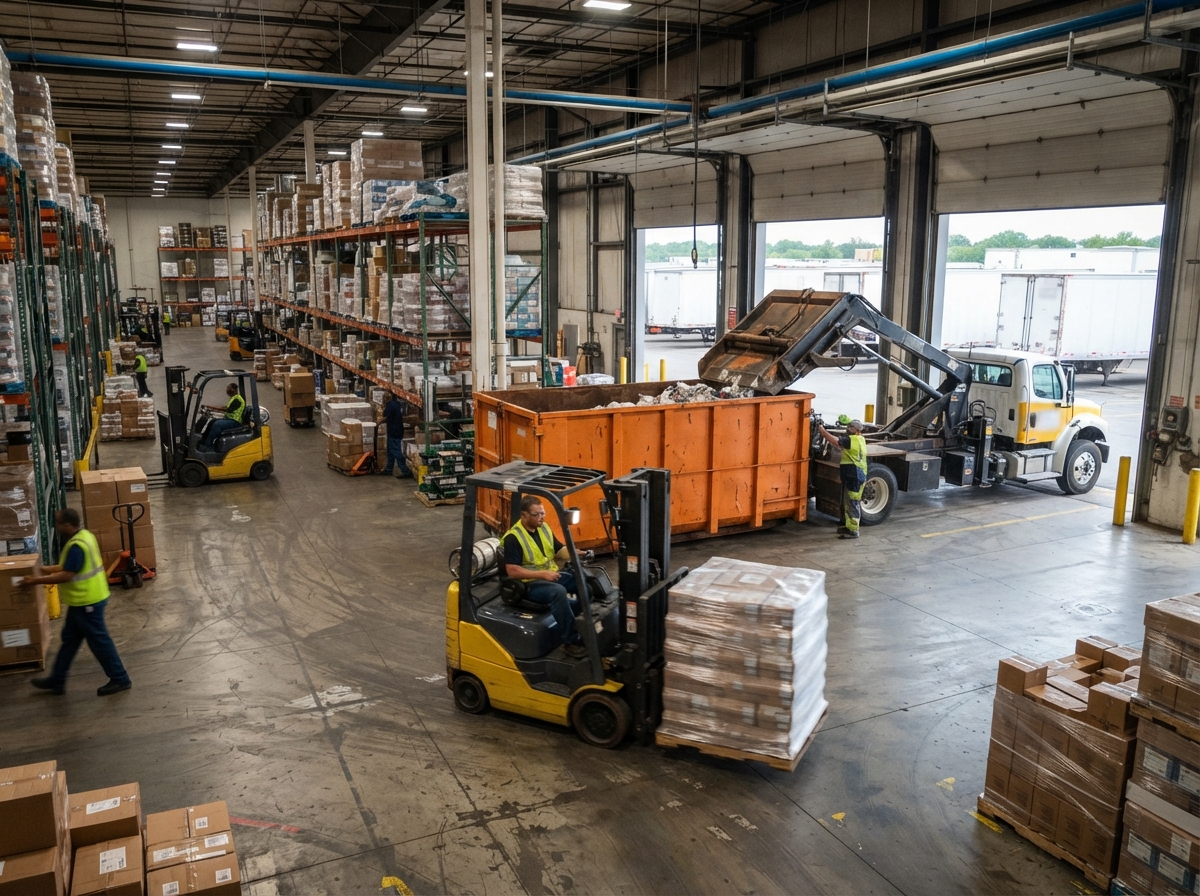 Forklifts and palletized goods moving normally in a warehouse while compaction service happens in the background