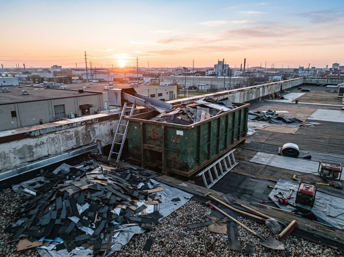 A roll-off container positioned at a commercial building roof edge at dawn with shingle tear-off debris staged nearby
