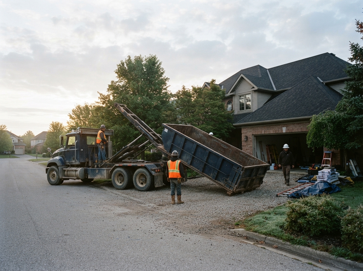 A roofing crew delivery truck arriving at a jobsite early morning with a container being placed before tear-off starts