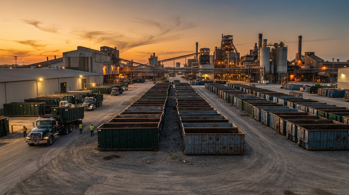 A wide dusk shot of a commercial service yard with roll-off containers staged in rows