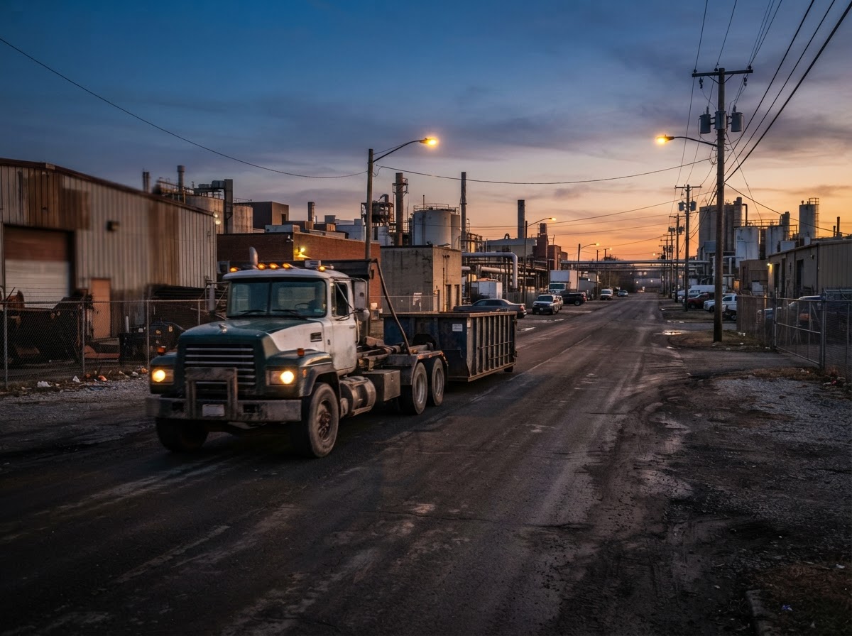 Industrial corridor road with a hook truck heading out at first light along the I-16 corridor in East Macon