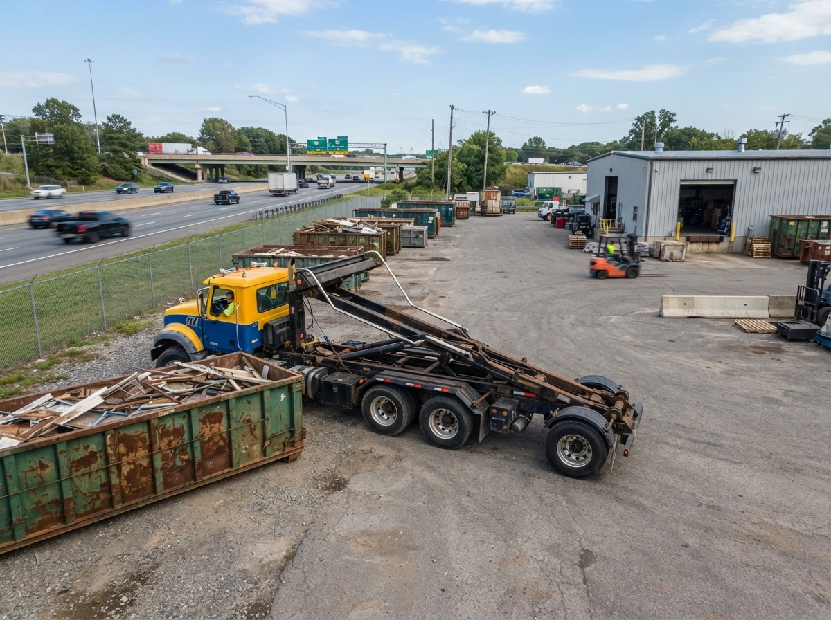 Swap truck arriving at a commercial site near a highway exit to exchange a loaded roll-off container in North Macon