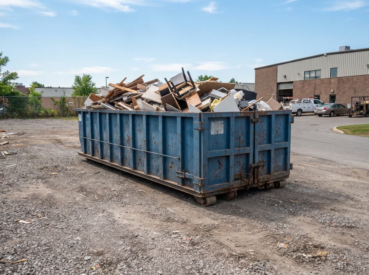 A 40-yard roll-off dumpster container on a wide gravel pad at a commercial property