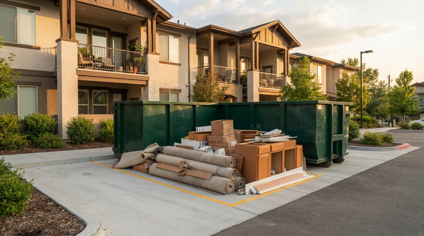 A multifamily property with turnover debris staged neatly beside a roll-off container