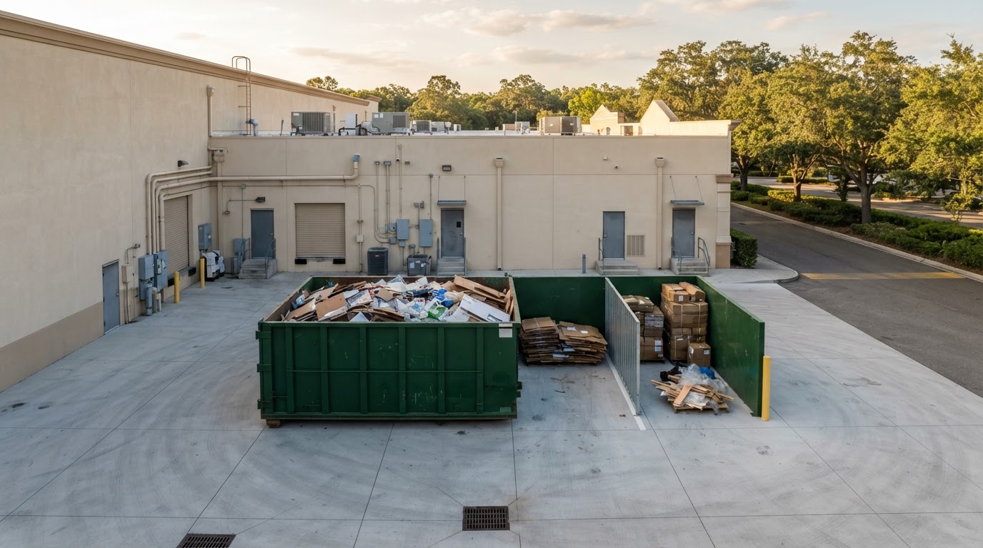 Service drive behind a strip center at opening time with the container pad swept clean in West Macon