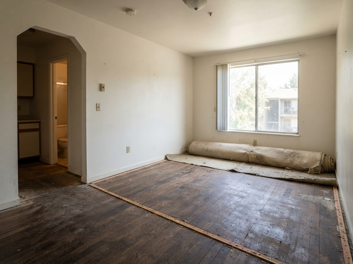 An empty apartment unit mid-turnover with carpet pulled up and rolled