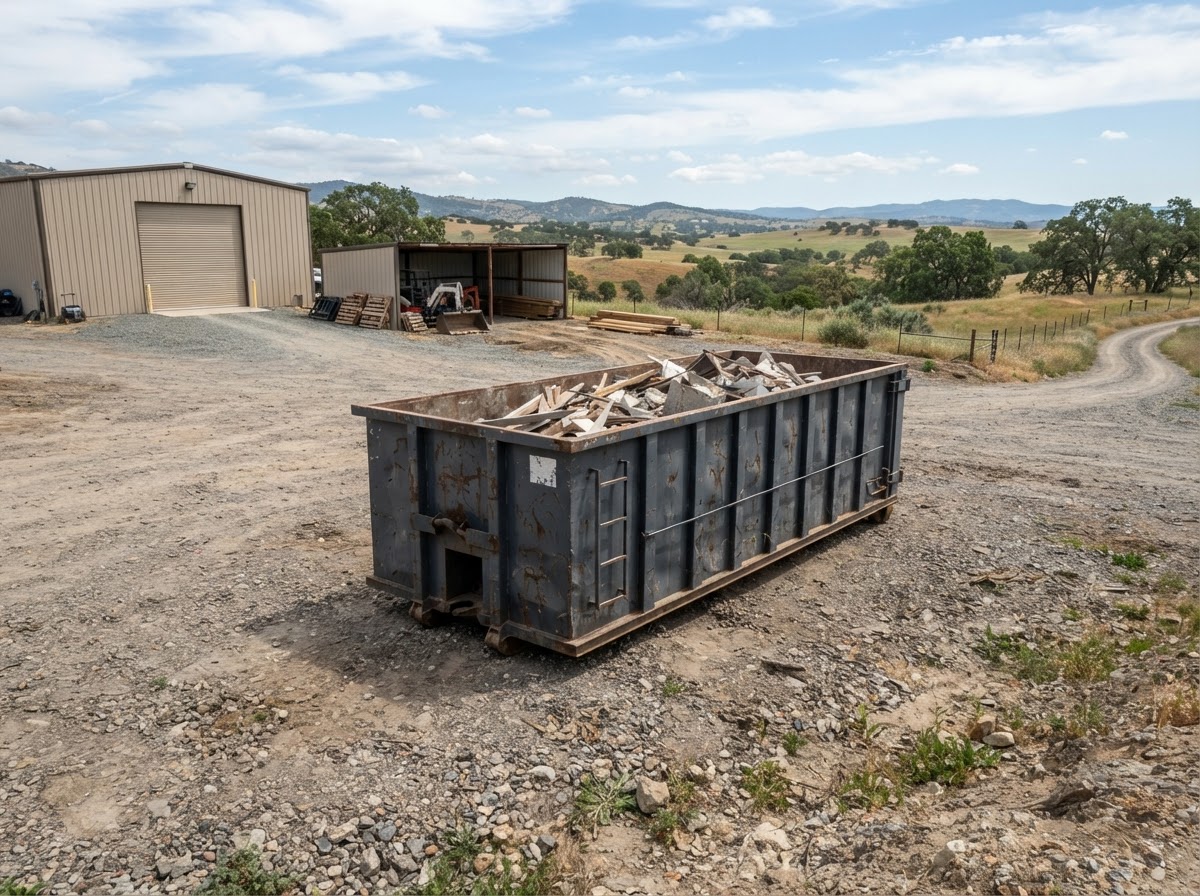 A roll-off container placed on a wide gravel area at a west-county commercial property