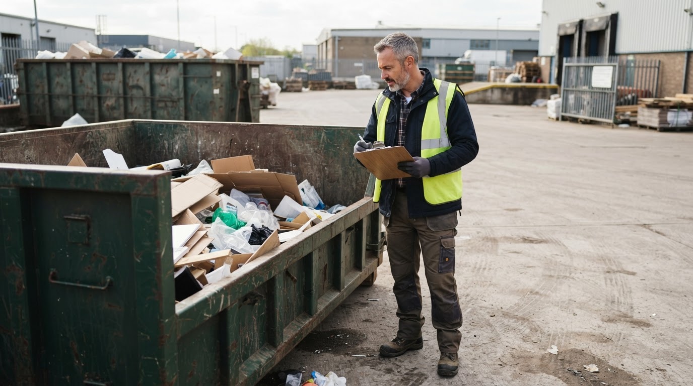 A facility manager conducting a waste audit beside a roll-off container at a commercial site