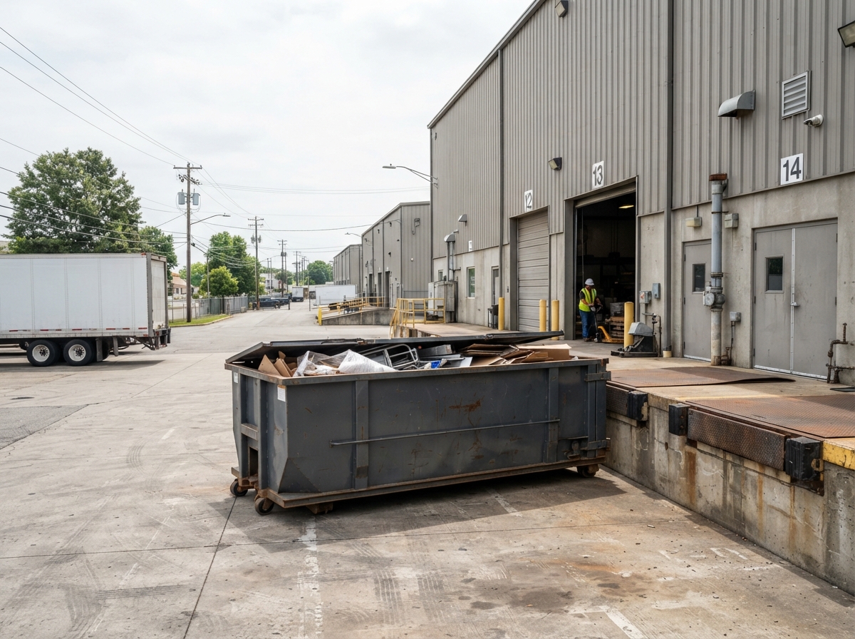 Roll-off container placed at a warehouse loading dock on an industrial corridor in South Macon