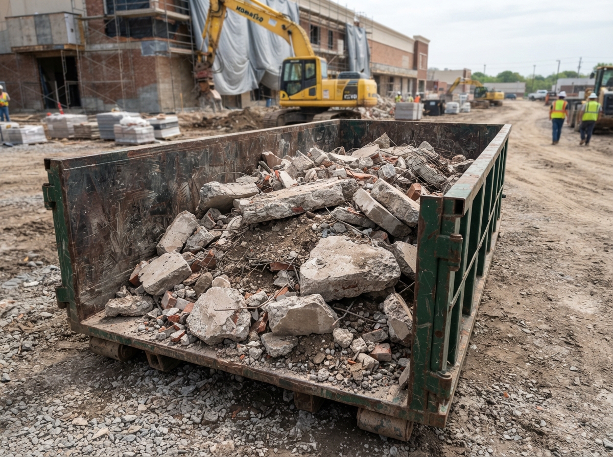 Broken concrete and masonry loaded low in a roll-off container