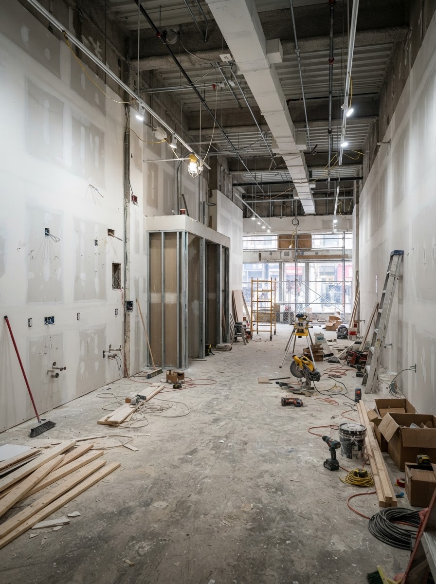 A retail white-box interior mid-buildout