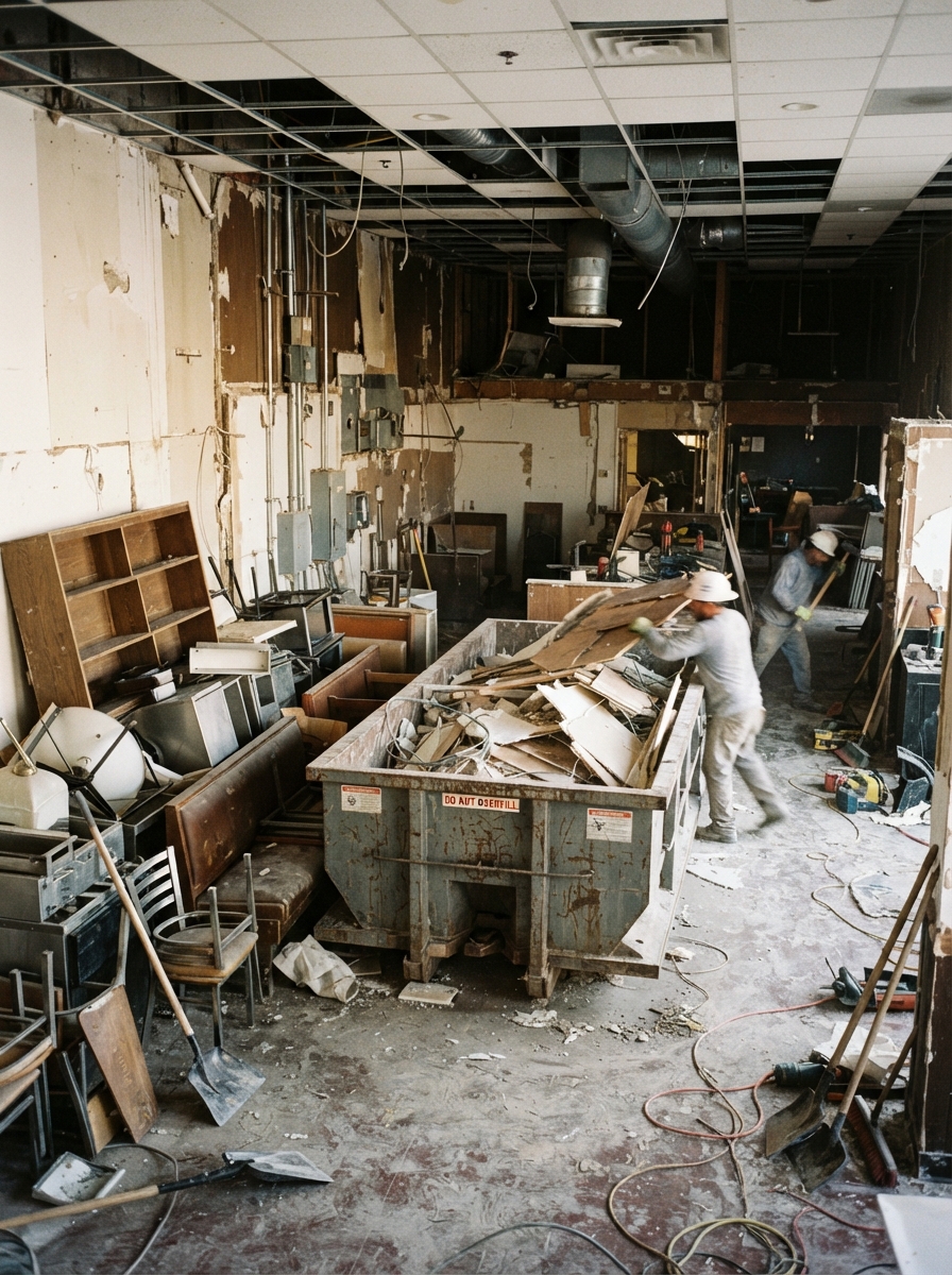 A restaurant fit-out with old fixtures and shelving stacked for removal beside a roll-off container