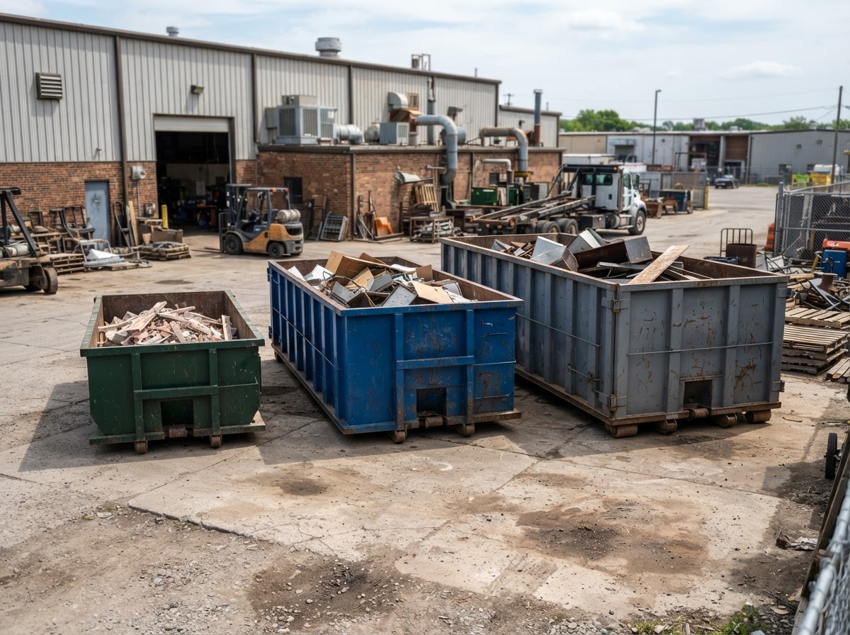 Three roll-off container sizes staged in a service yard