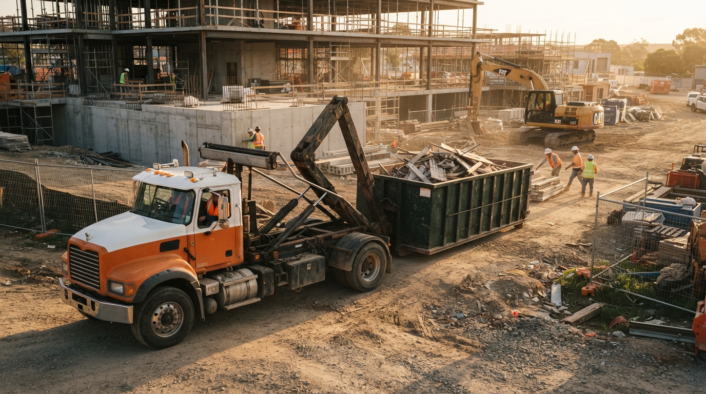 A swap truck arriving at a commercial construction site while the crew keeps working