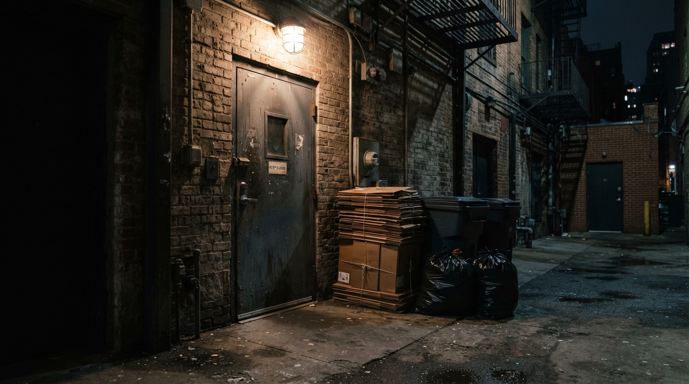 Restaurant back-of-house door with waste staged at close of day in downtown Macon