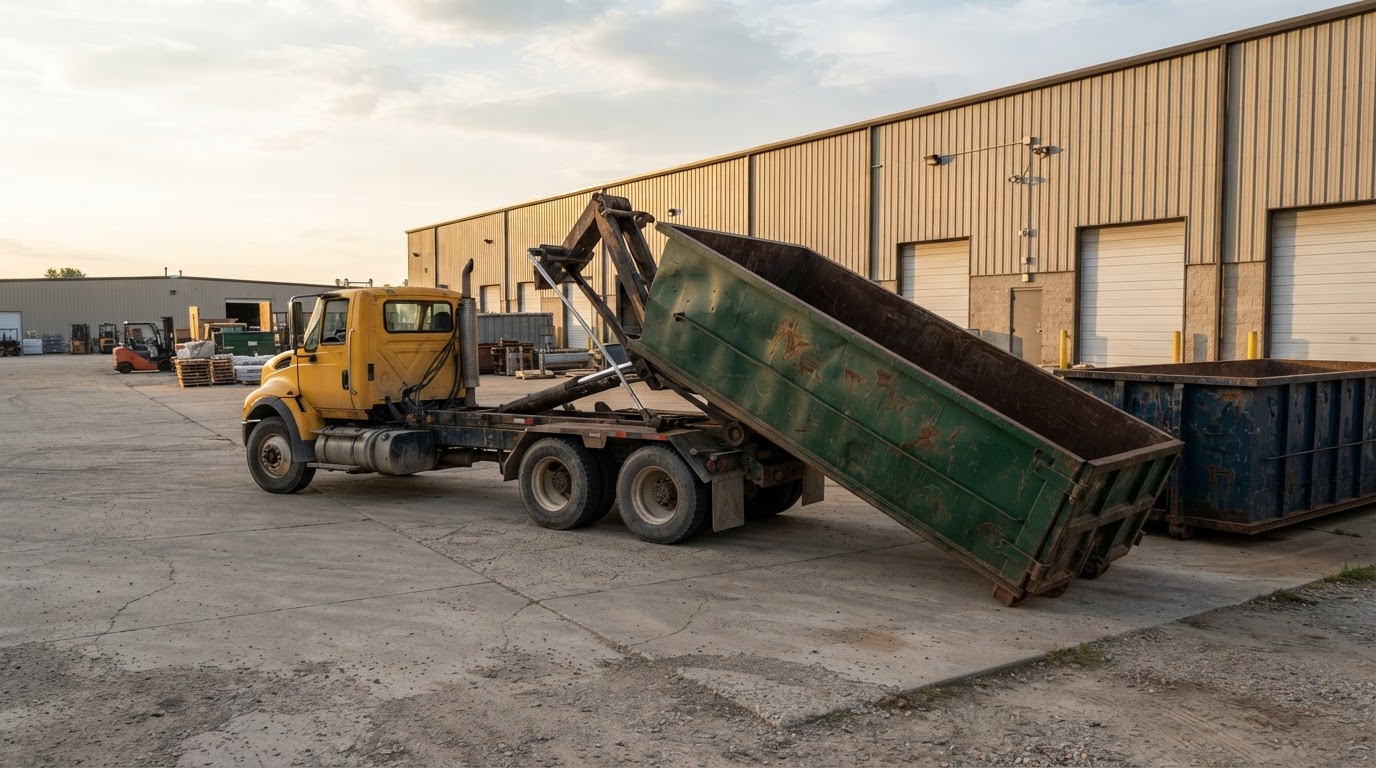 A roll-off container being delivered at a commercial warehouse site in late afternoon light