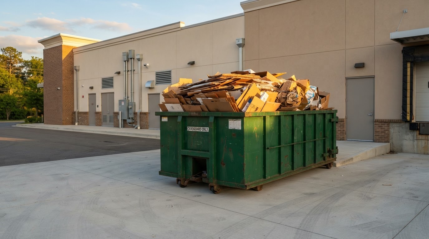 Roll-off container behind a retail center loaded with flattened cardboard and packaging in West Macon