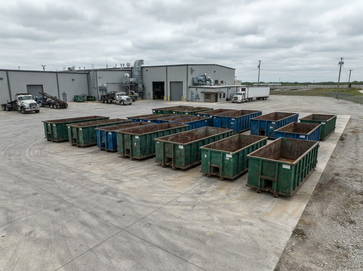 Roll-off containers staged on a concrete pad in a wide industrial yard under an overcast sky