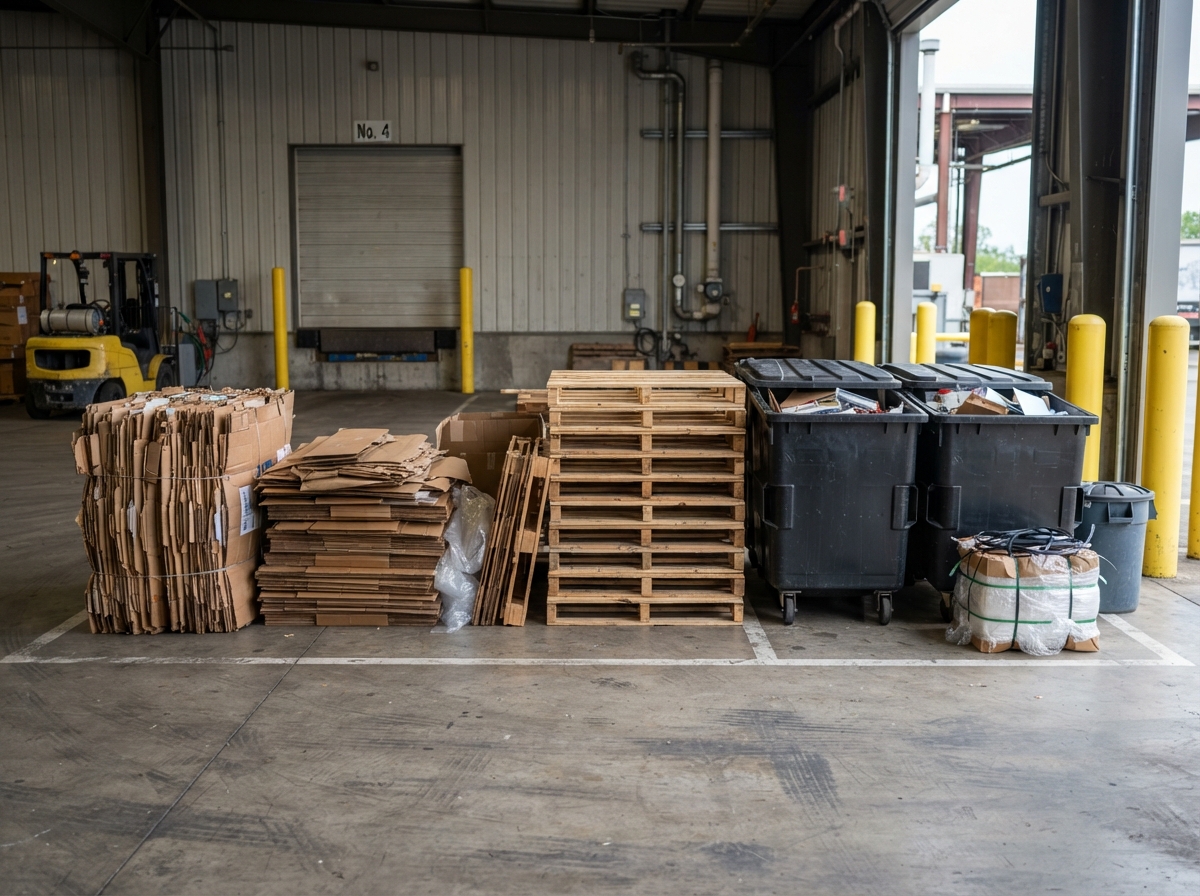 Accepted commercial waste materials including cardboard, packaging, pallets, and general business refuse neatly staged