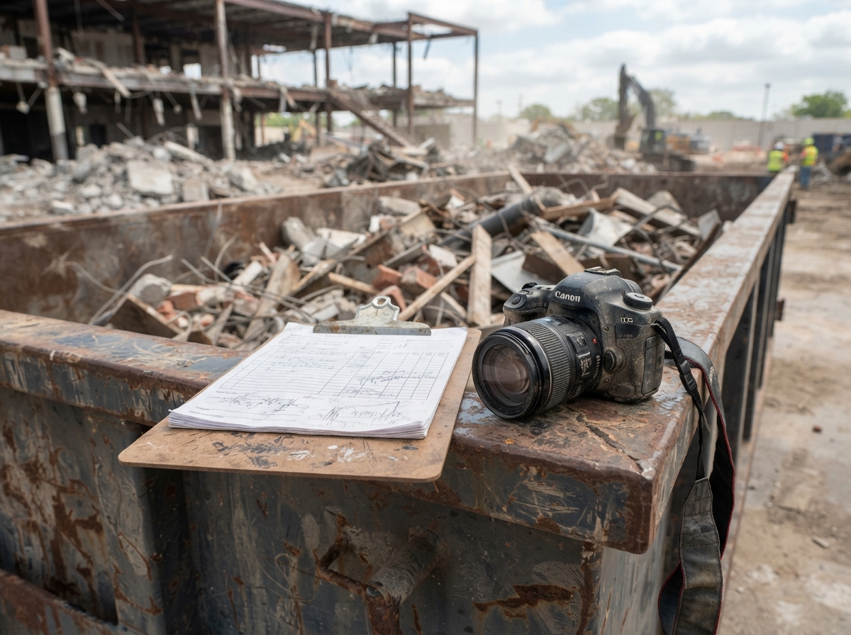 A clipboard with a camera placed on the rim of a roll-off container at a demolition site