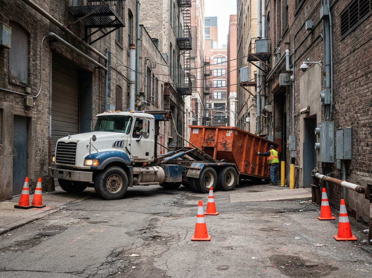 Hook truck backing a roll-off container into a tight commercial alley with clearance cones