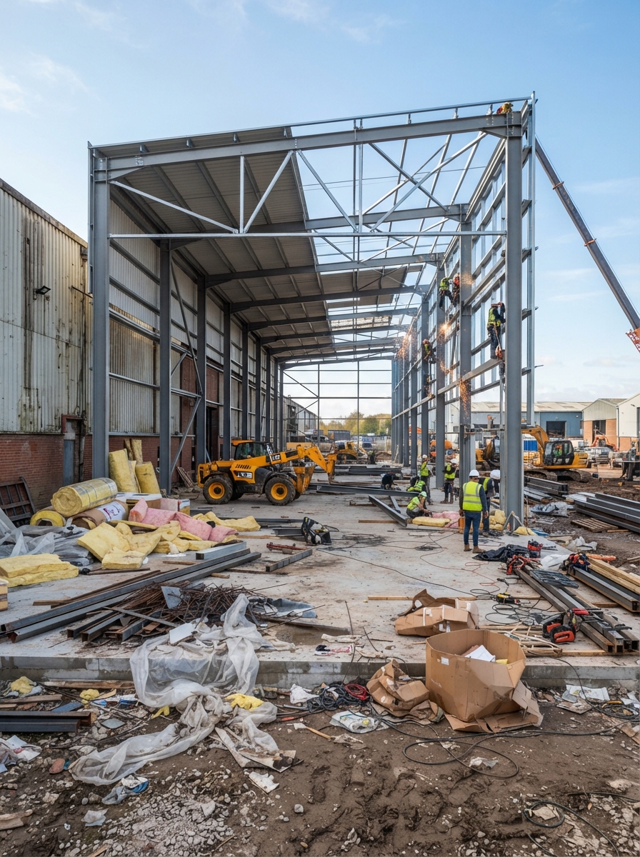 A warehouse expansion with steel and packaging waste
