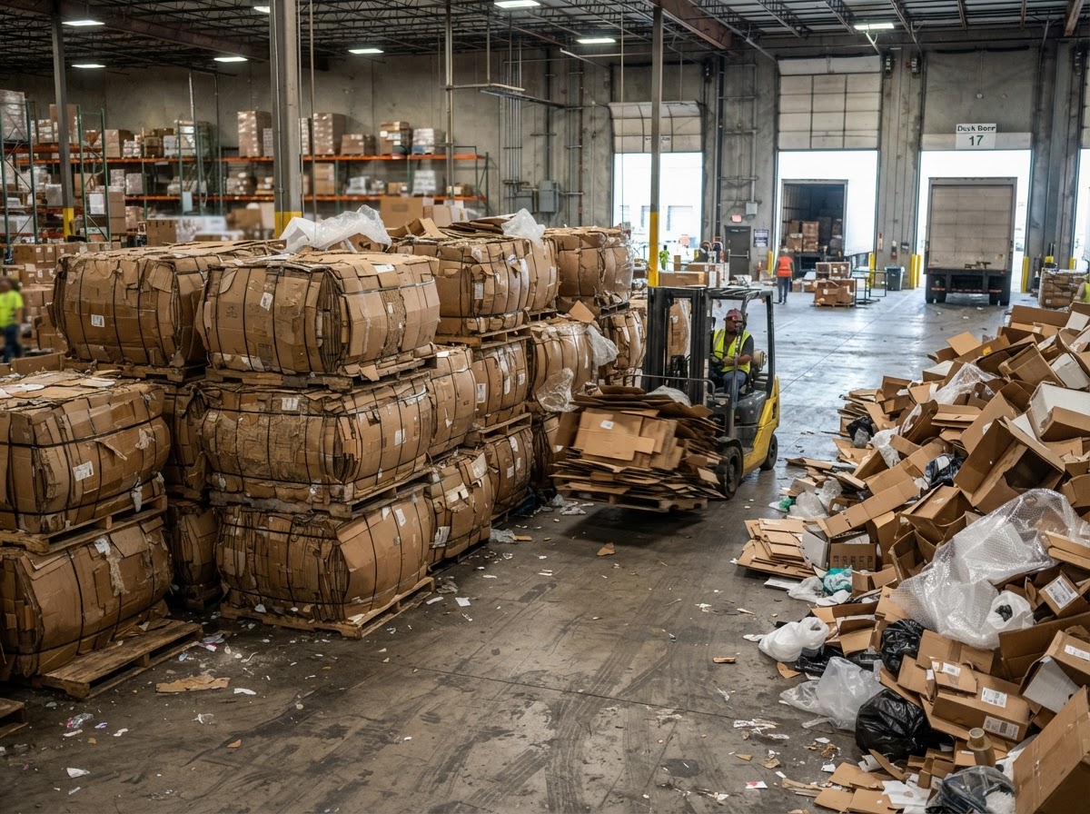 Warehouse dock stacked with corrugated cardboard bales and loose packaging