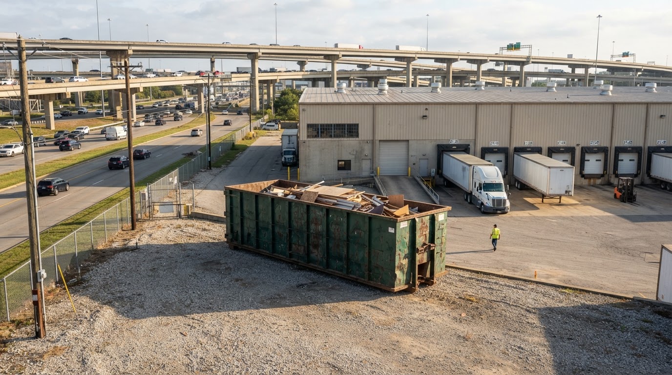 A roll-off container at a distribution warehouse near a highway interchange in Byron, GA